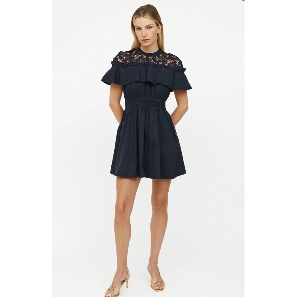 Aamika Black Lace Smocked Waist Dress Size‎ Small Ruffle Short Sleeve